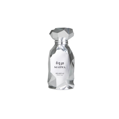 Silver perfume bottle with 'Marwa' branding on a white background