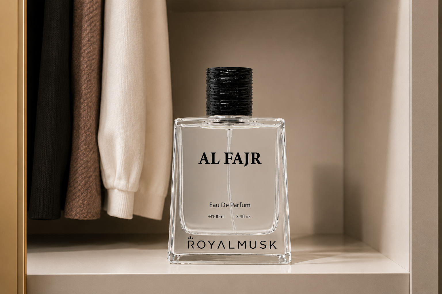 Common perfume storage mistakes illustrated with an AL FAJR Eau de Parfum bottle stored inside a wardrobe shelf, highlighting proper perfume storage away from sunlight and heat to help preserve fragrance longevity.
