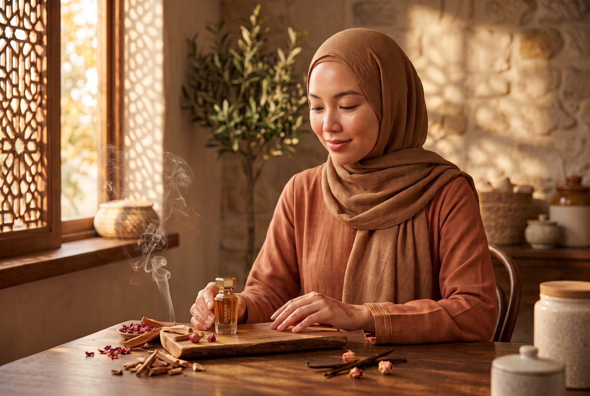 A woman in a brown hijab sits at a wooden table next to a small bottle of Qurashi Blend perfume, surrounded by sandalwood sticks, rose petals, and vanilla pods in warm sunlight.
