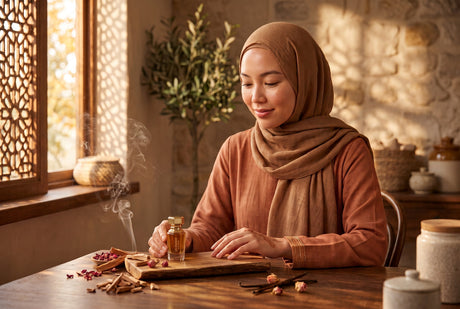 A woman in a brown hijab sits at a wooden table next to a small bottle of Qurashi Blend perfume, surrounded by sandalwood sticks, rose petals, and vanilla pods in warm sunlight.