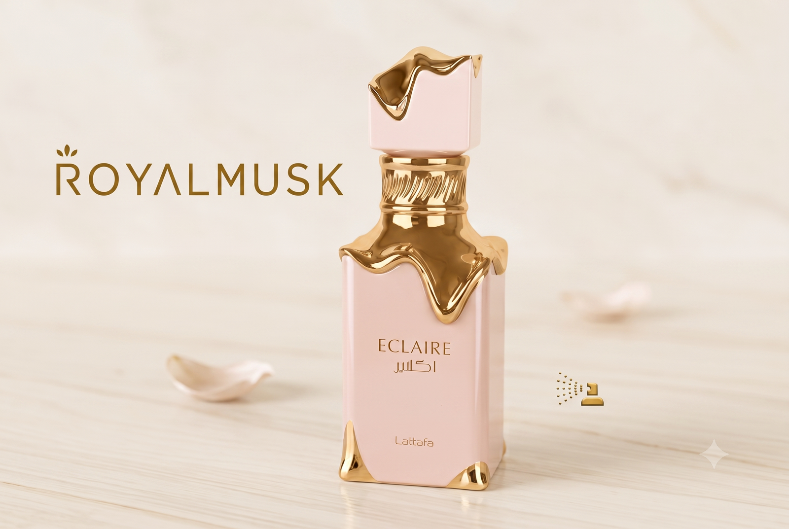 A luxury bottle of Lattafa Eclaire perfume placed on a bright marble surface, illustrating an article exploring why does perfume smell different on people.