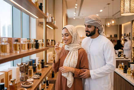 An Arab couple at a perfume shop testing different scents to find their signature perfume.