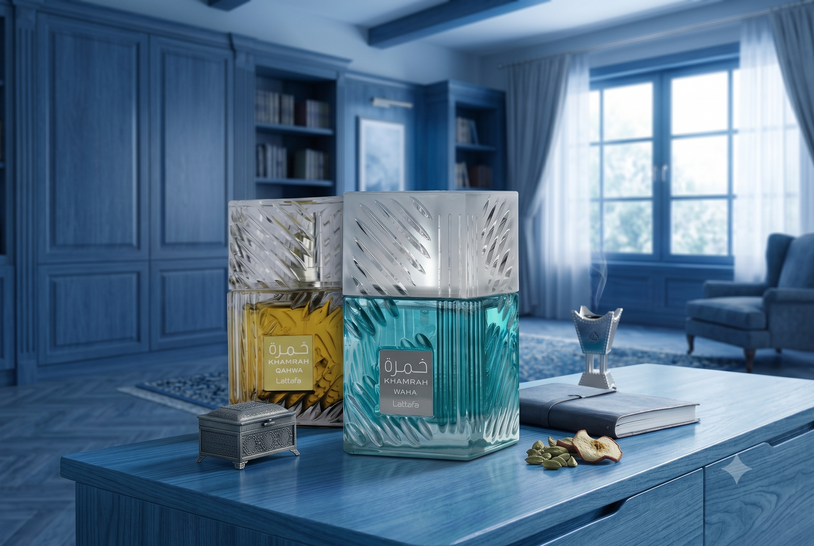 Lattafa Khamrah vs Khamrah Qahwa perfume bottles displayed side-by-side on a wooden table in a blue-toned room.  