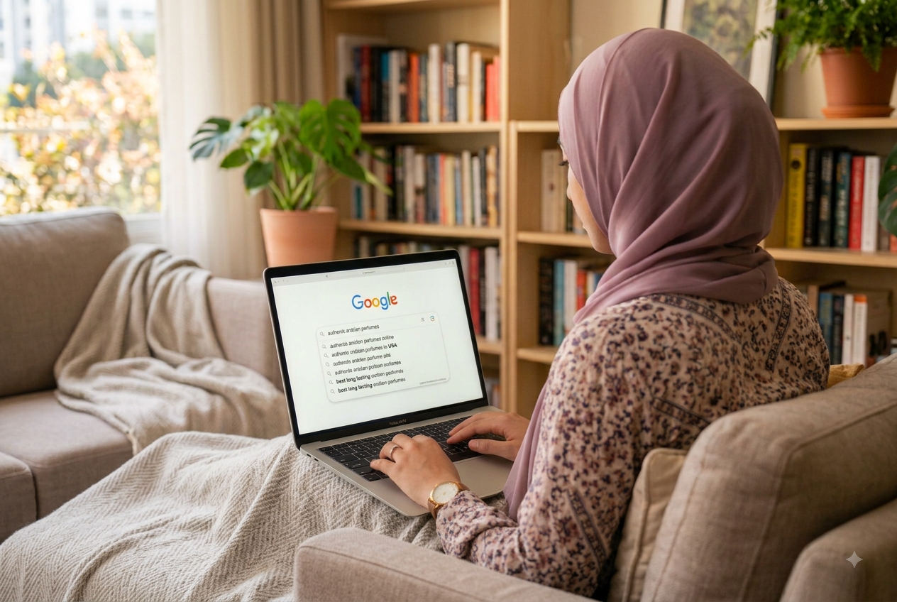 Woman in a hijab searching online to find out how to identify original Arabian perfumes while using a laptop at home.