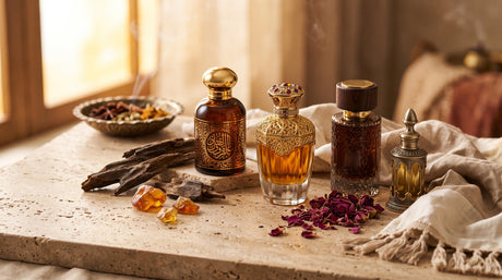 Four ornate perfume bottles on a beige travertine stone surface, illuminated by warm, golden natural light.