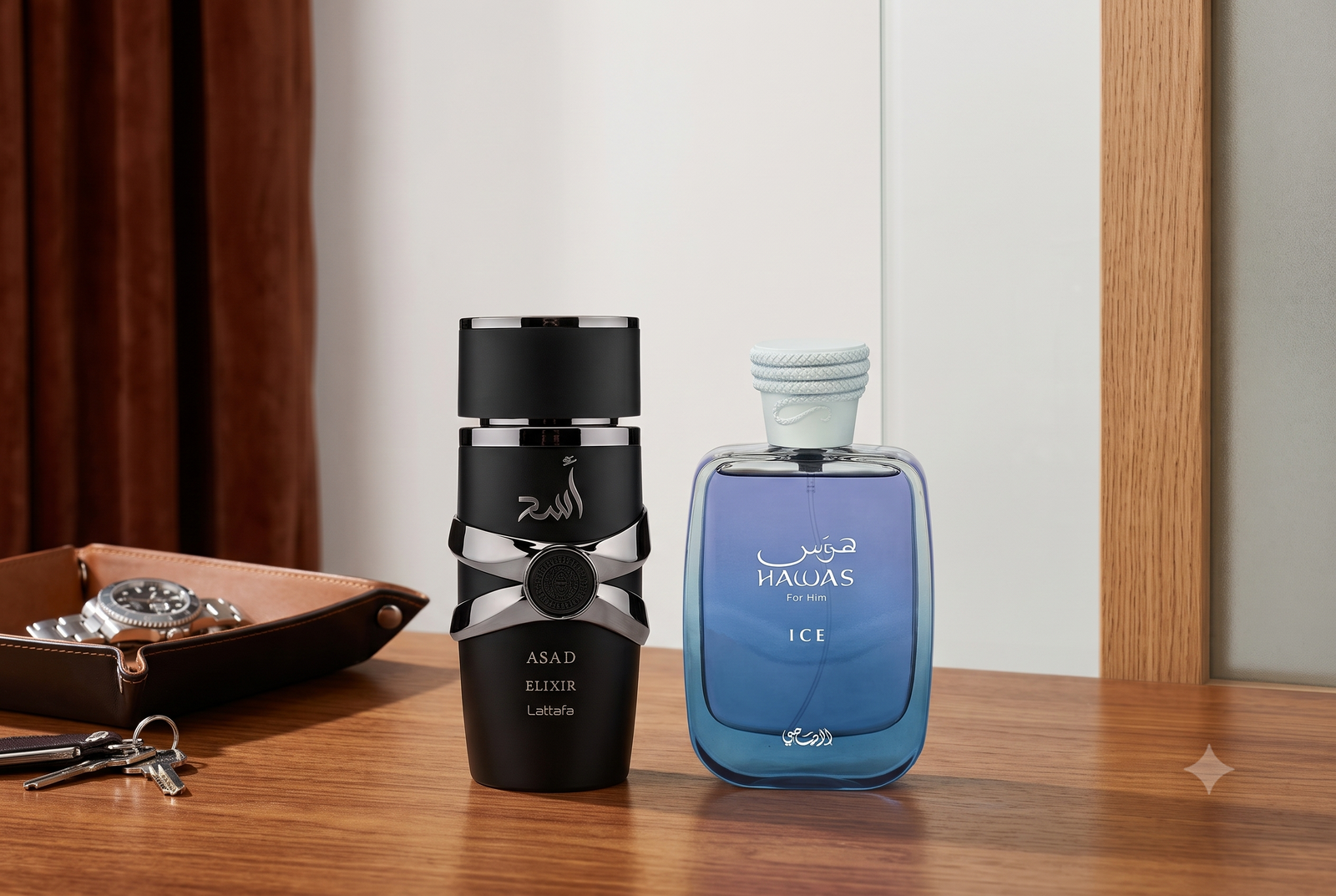 Lattafa Asad Elixir and Rasasi Hawas Ice perfume bottles displayed on a wooden valet tray surface, highlighting the best Arabian perfumes for men 2026.
